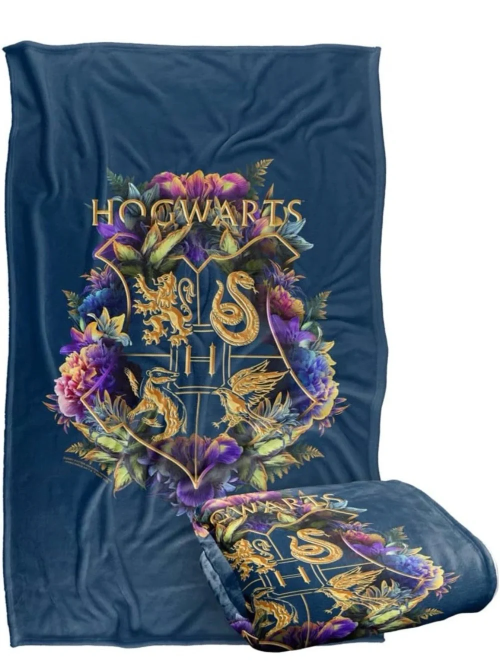 New Large Hogwarts Crest Plush Throw Blanket - Navy Blue